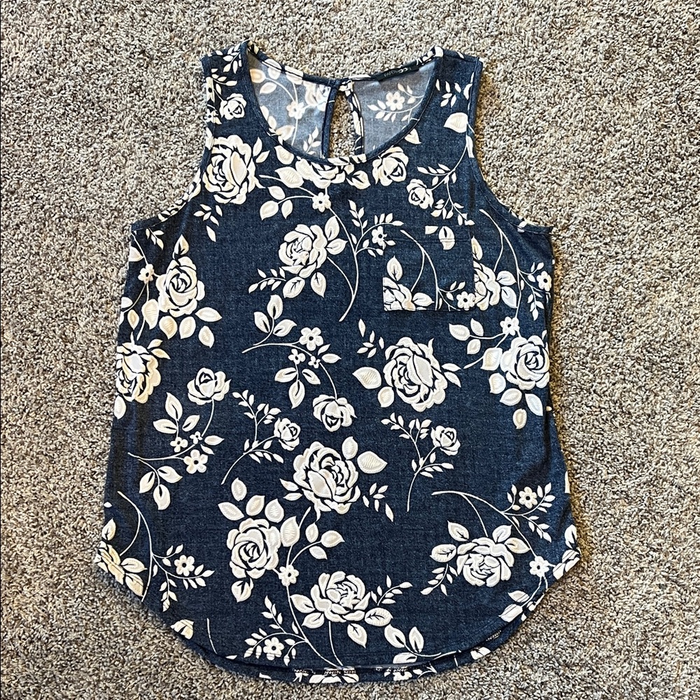 Papermoon Floral Tank Top - Dark Blue and White